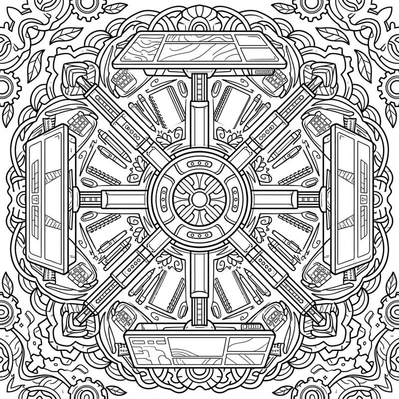 Discover a unique blend of productivity and artistry with our Standing Desk Mandala coloring page. This intricate design transforms everyday office items into a captivating symmetrical pattern, offering a mindful coloring experience.