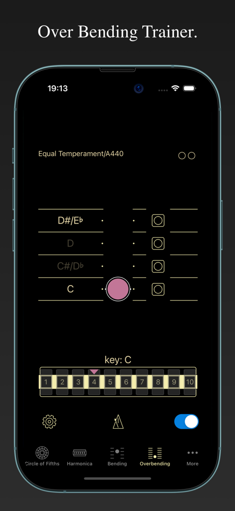 Overbending practice screen of the Harmonica Bending Trainer plus app.