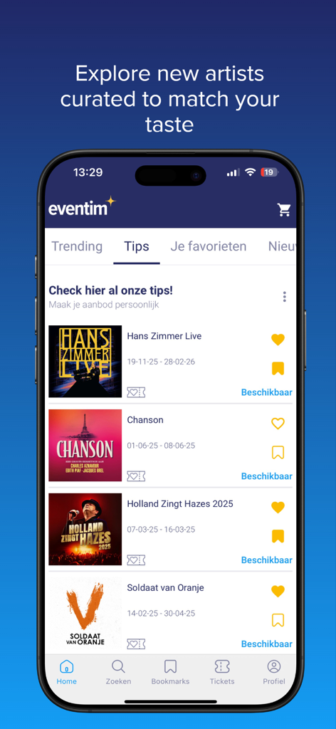 EVENTIM NL/BE - Tela do aplicativo EVENTIM mostrando recomendações de eventos selecionados e dicas personalizadas de artistas