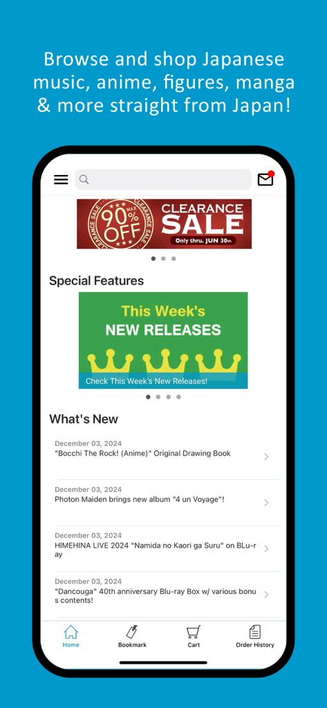 CDJapan App - Schermata principale dell'app CDJapan con nuove uscite di anime e musica giapponese e saldi