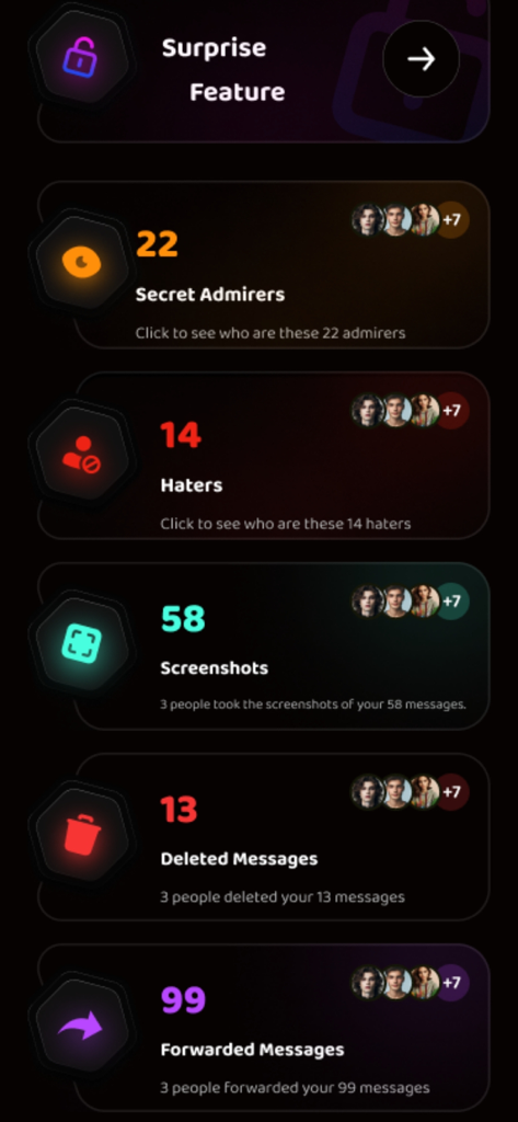 InSpy app dashboard displaying analytics for secret admirers haters and message screenshots