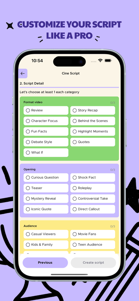 Potato: Movies Social Viral - Interfaz de la aplicación móvil mostrando opciones para personalizar el formato del guion del video, las aperturas y la audiencia objetivo.