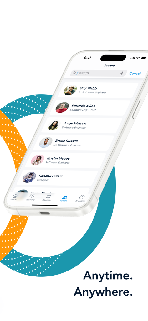 Mobile screen of Bridge LMS app showing an employee directory with names and titles under the people tab