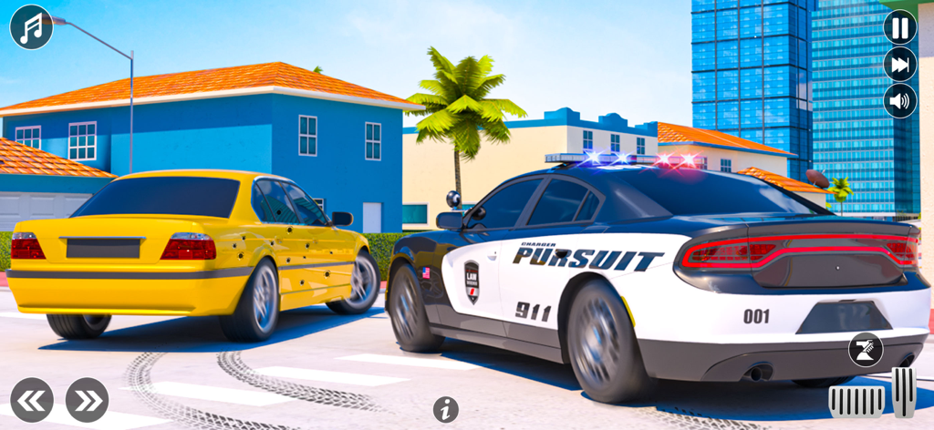 Police Simulator: Car Chase 3D - Police car chasing a yellow vehicle with bullet holes in a 3D urban simulation