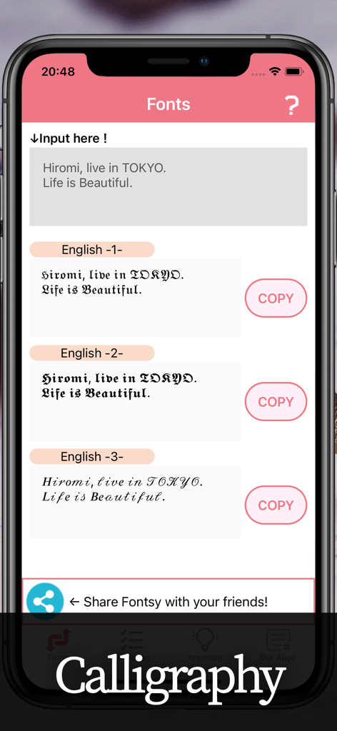 Interfaccia dell'app mobile Fontsy che mostra testo convertito in molteplici stili di font calligrafici e gotici con pulsanti di copia