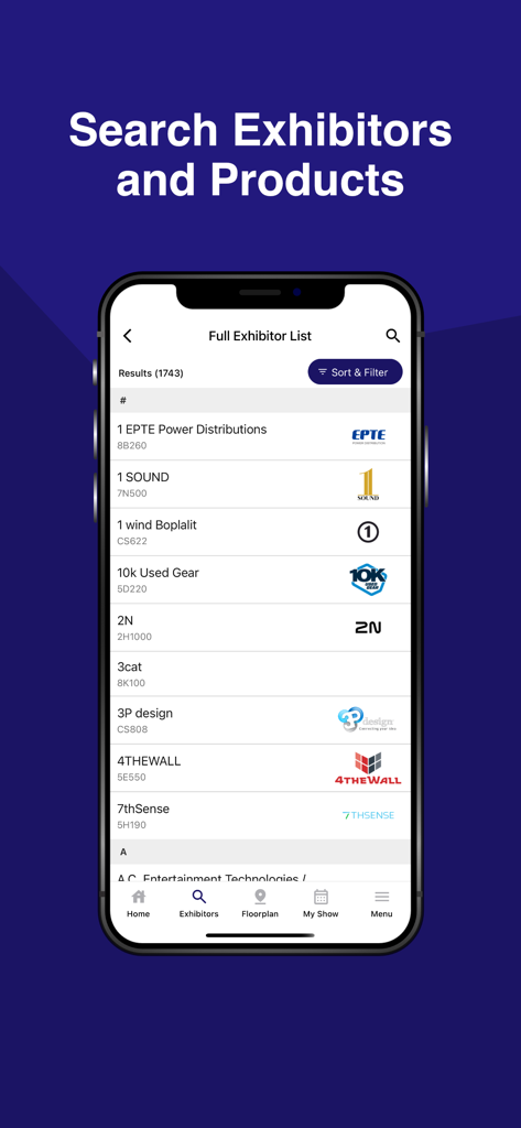 Integrated Systems Europe 2026 - Écran de smartphone affichant la liste des exposants Integrated Systems Europe 2026 avec des options de recherche et de filtre