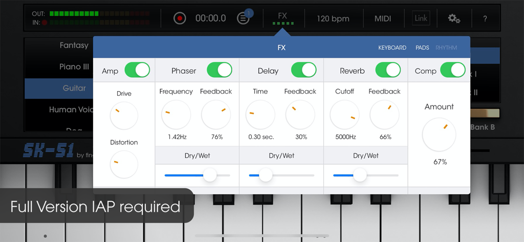SK-51 - The effects control panel of the SK-51 music app showing phaser delay and reverb settings