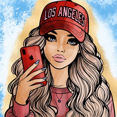 realistic beautiful girl wearing los ángeles cap holding an iphone