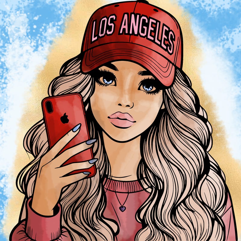realistic beautiful girl wearing los ángeles cap holding an iphone