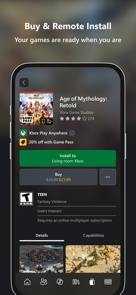 Xbox - Xbox-Mobil-App mit Optionen für die Remote-Spielinstallation und -Kauf von Age of Mythology Retold.