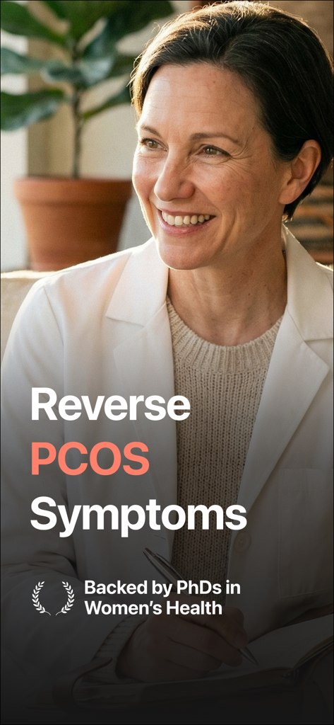 A healthcare expert smiling with text about reversing PCOS symptoms