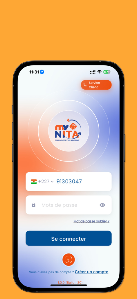 MyNITA Transfert - Login screen of MyNITA Transfert app with phone number and password fields for user authentication