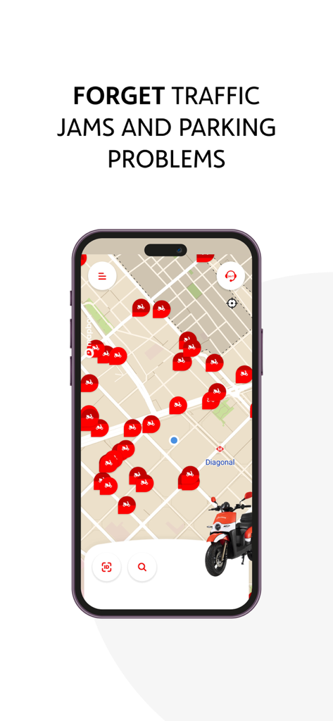 ACCIONA motosharing movilidad - Acciona motosharing app interface showing available electric scooters on a city map