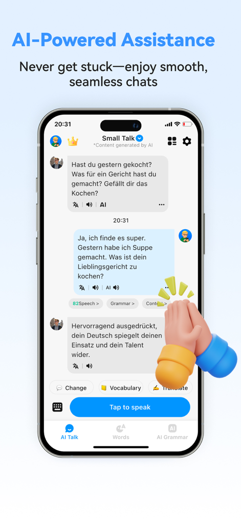 Interface do aplicativo German Ai mostrando uma conversa de chat com um tutor de IA para prática de idioma contínua