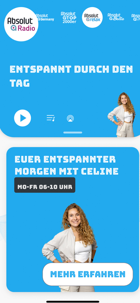 Interfaz de la aplicación Absolut Radio mostrando la emisora Relax y el programa matutino con la presentadora Celine.