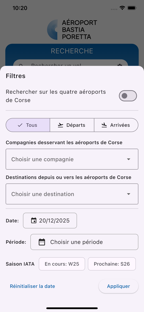 Aéroports de Corse - Mobile interface showing flight search filters for Corsican airports including airline and destination options.