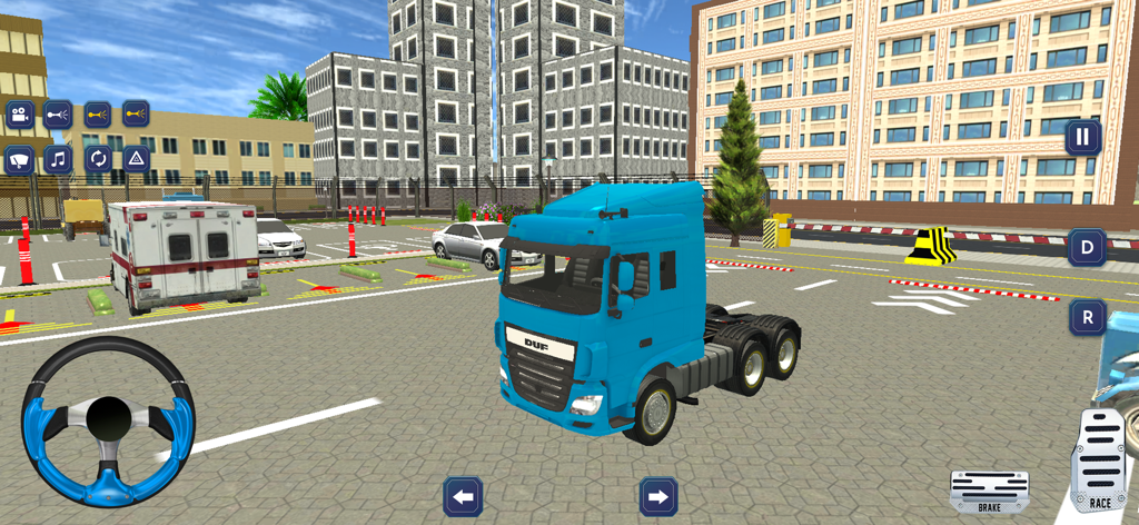 US Truck Driving Cargo Games - Un camión semirremolque azul navegando por un estacionamiento de la ciudad en un simulador de conducción realista.