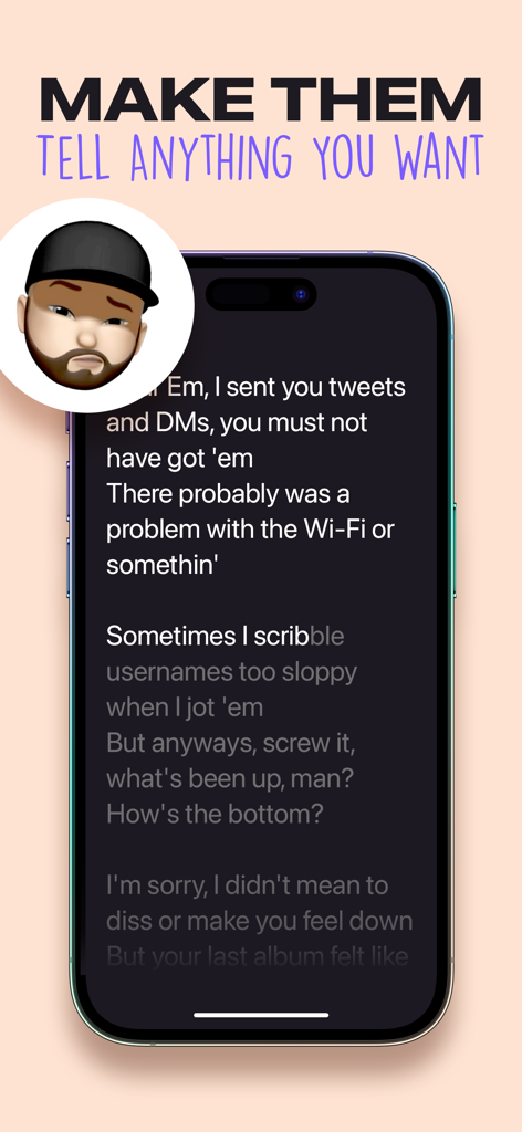 Smartphone screen showing rap lyrics in the Revoice AI voice changer app with a character avatar