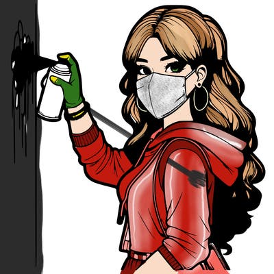 realistic girl with mask spray painting a wall