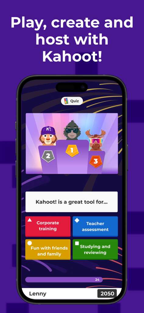 A mobile phone displaying the Kahoot app with a quiz question and a podium of characters