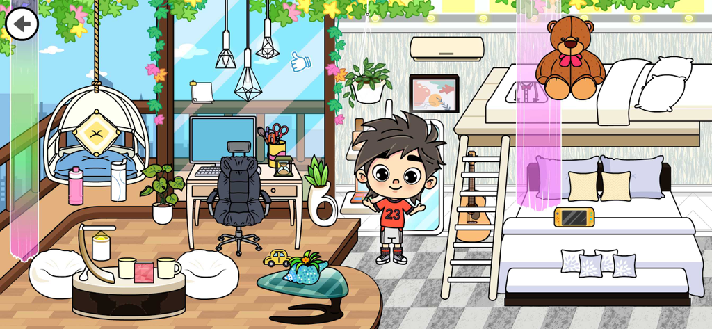 Tizi Modern Home Design Games - Un diseño de dormitorio moderno de dibujos animados con un personaje, literas, un escritorio y una silla colgante en Tizi Home Design Games