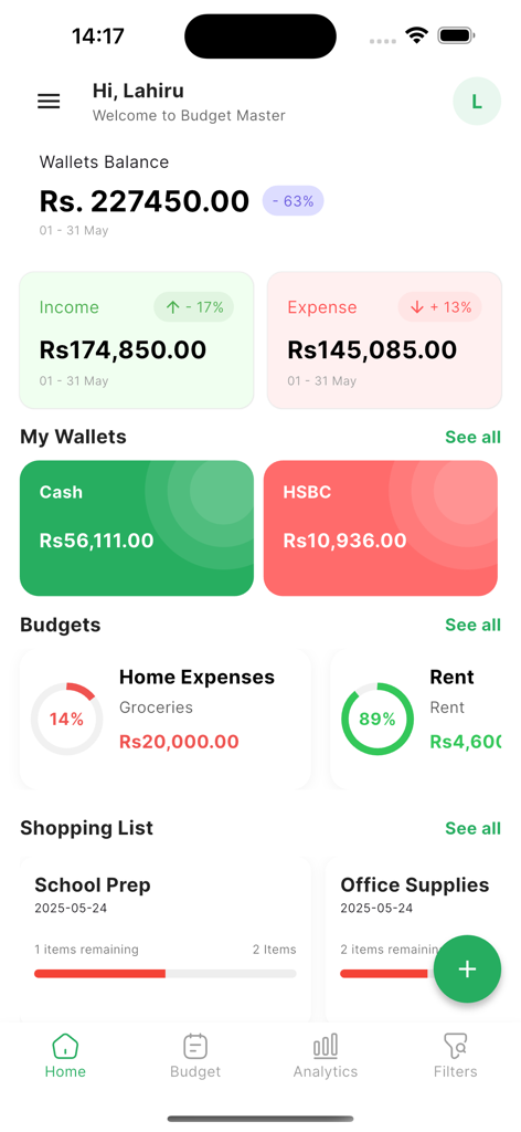 Money Master Sri Lanka - Tela inicial do aplicativo Money Master Sri Lanka com saldos de carteira e rastreamento de orçamento