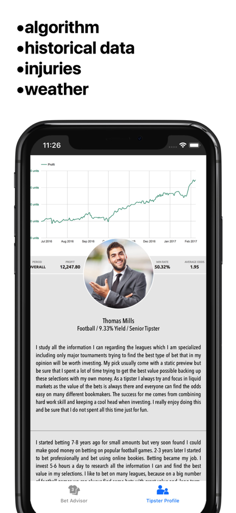 Profil du tipster Thomas Mills montrant le graphique de profit et les statistiques de performance de paris