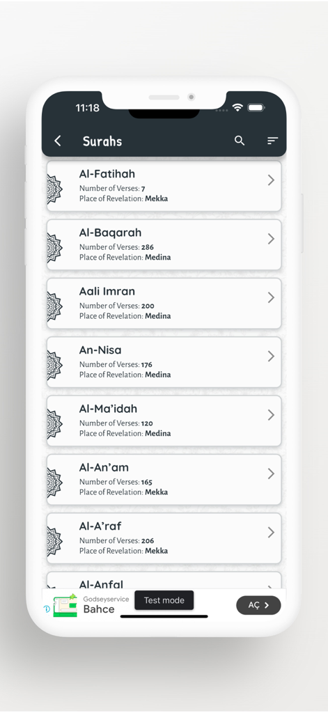 Read & Listen Qur'an - List of Surahs in the Read and Listen Quran mobile app showing chapter details like verse counts and revelation locations.