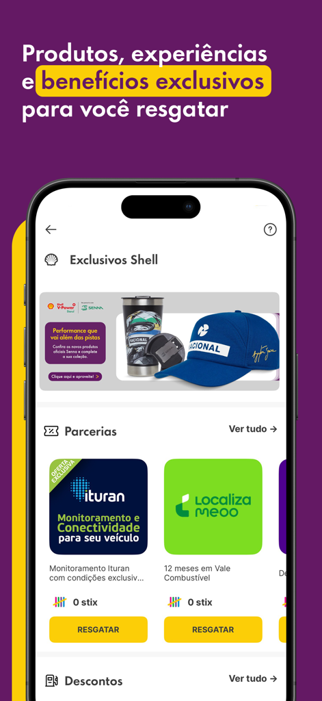Tela de smartphone do app Shell Box mostrando produtos exclusivos e recompensas de parcerias para resgate.