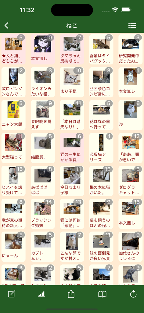 虹ぶら+ - 虹ぶら+アプリのインターフェースにある、猫関連のフォーラムスレッドのグリッドレイアウト