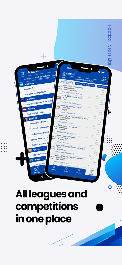 Football Stats Lite - Football Stats Lite app interface showing a list of international soccer leagues and match predictions on two mobile screens