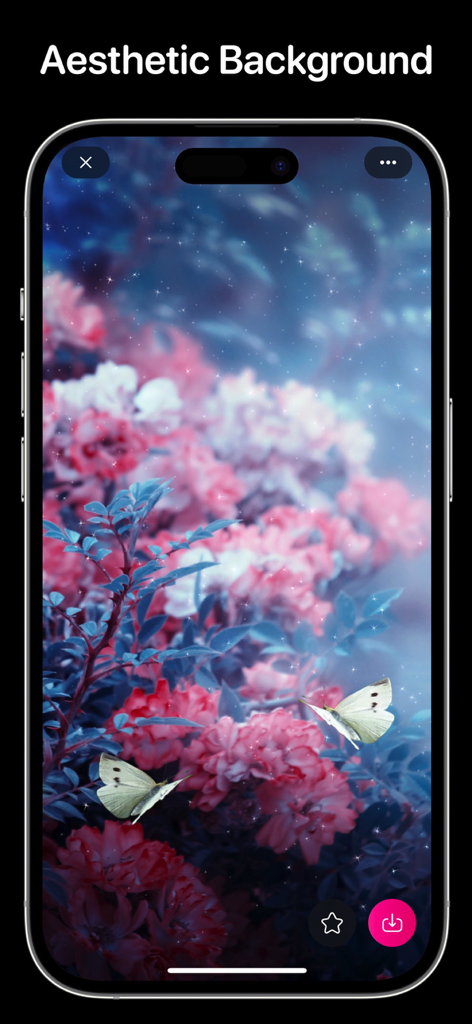 Schermo iPhone che mostra uno sfondo estetico con fiori rosa e farfalle dall'app Everpix