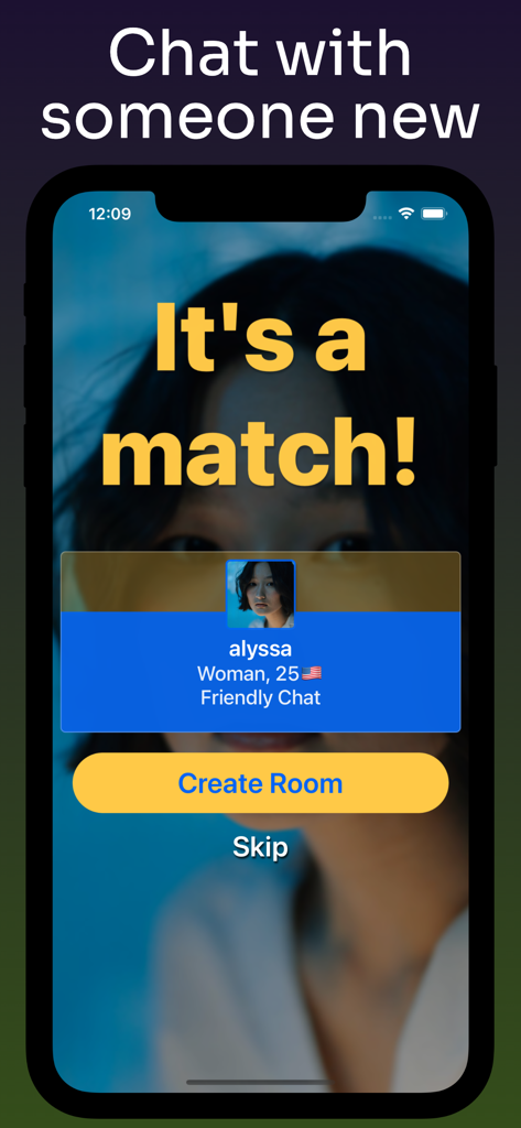 Anonymous Chat Rooms - NoName - A mobile interface from the NoName anonymous chat app showing a successful match with a user profile and a button to create a room.
