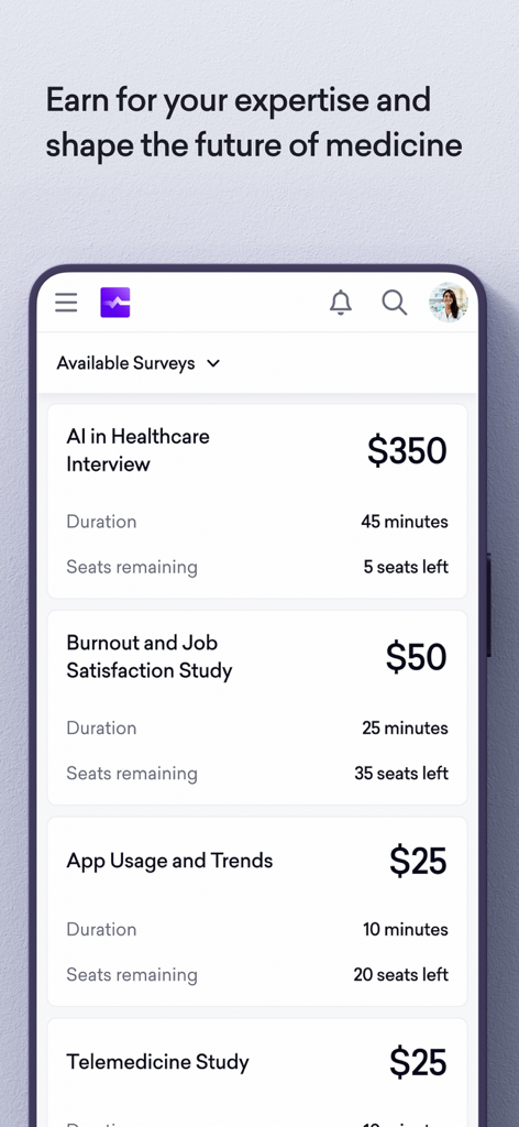 Sermo: Physician Network - Interfaz de la aplicación Sermo que muestra una lista de encuestas médicas pagadas disponibles para médicos con recompensas en efectivo