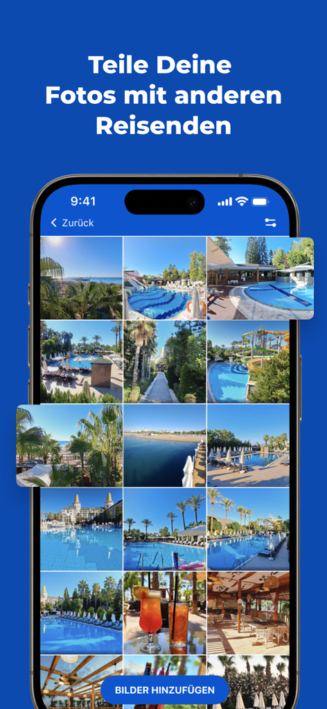 HolidayCheck - Travel & Hotels - Pantalla de una aplicación móvil titulada Comparte tus fotos con otros viajeros que muestra una cuadrícula de imágenes de vacaciones subidas por usuarios, incluyendo piscinas, playas y resorts