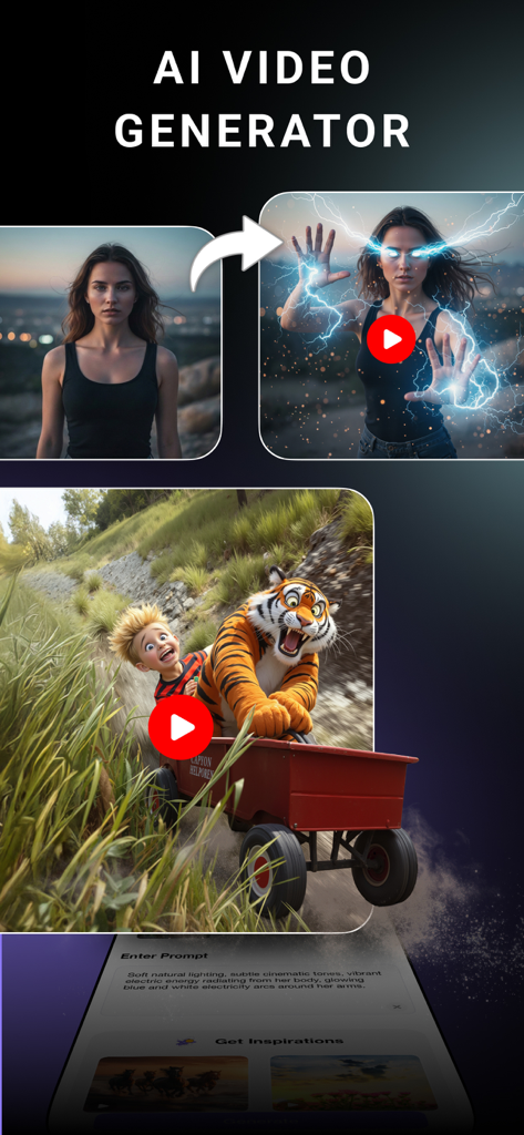 StoryZ app screenshot showing AI video generator features with image to video transformation examples and a text prompt interface