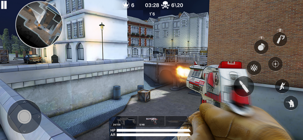 Hazmob FPS: Online Shooter - First-person perspective of a player firing a customized handgun in an urban combat environment.