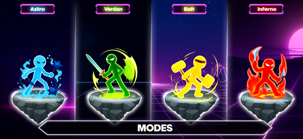 Four neon stickman warriors representing Astra, Verdan, Bolt, and Inferno game modes