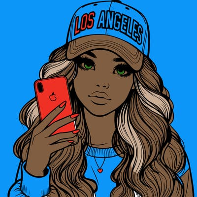 realistic beautiful girl wearing los ángeles cap holding an iphone