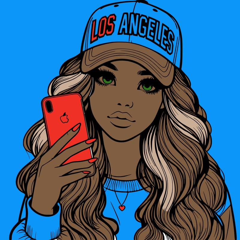 realistic beautiful girl wearing los ángeles cap holding an iphone