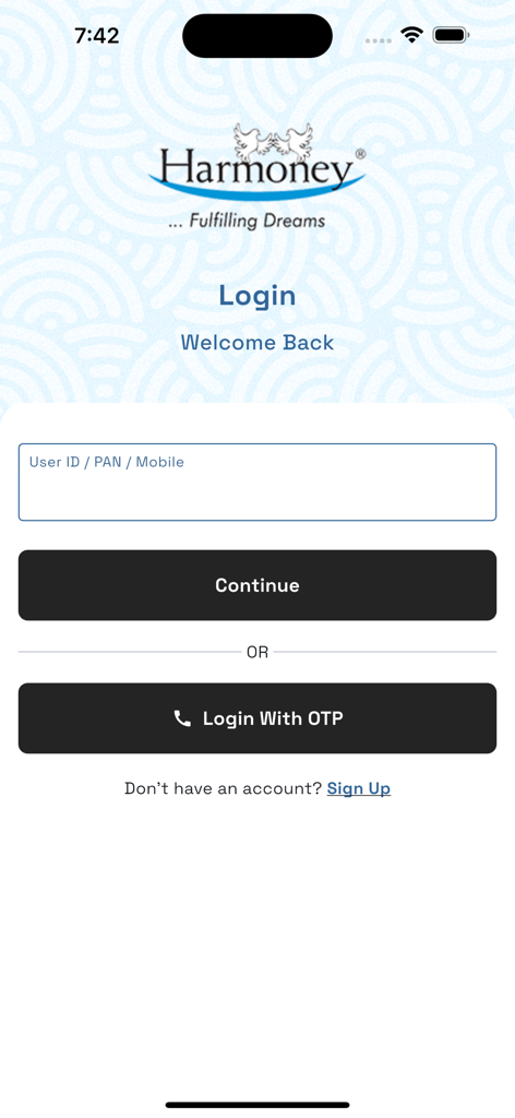 Harmoney - Harmoney finance app login screen featuring user ID input and OTP login options