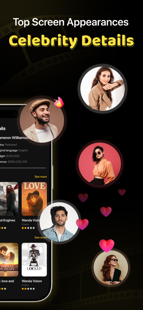 Interface de l'application MovieBox Pro montrant les détails de la célébrité avec des portraits d'acteurs et des apparitions dans des films