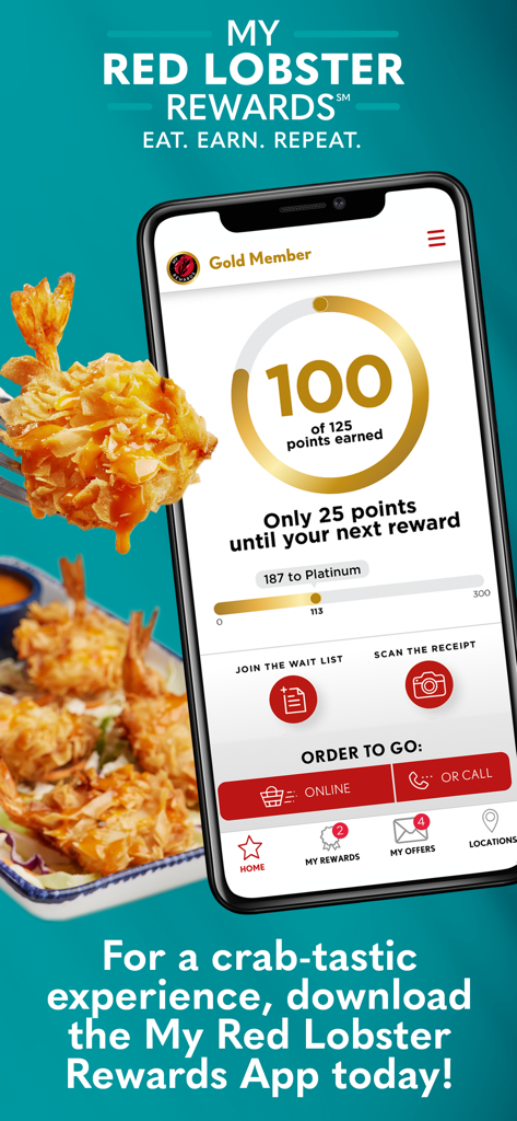 Interface of the Red Lobster Dining Rewards app showing points progress for a Gold Member