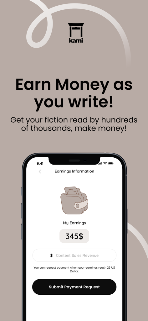 A promotional screen for the Kami app showing a mobile interface with earnings information and the text Earn Money as you write.