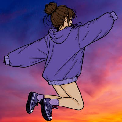 realistic girl jumping with a bun and oversized sweatshirt