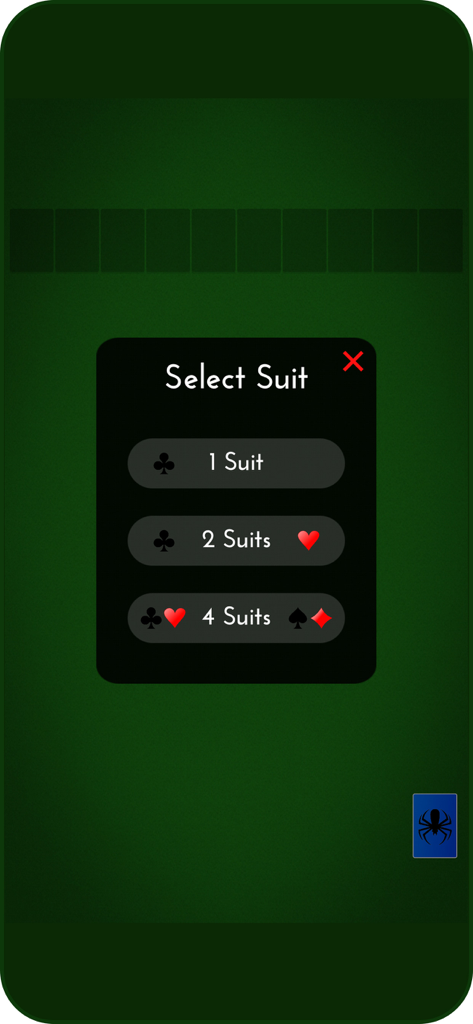Selection menu for one two or four suits in Spider Solitaire game