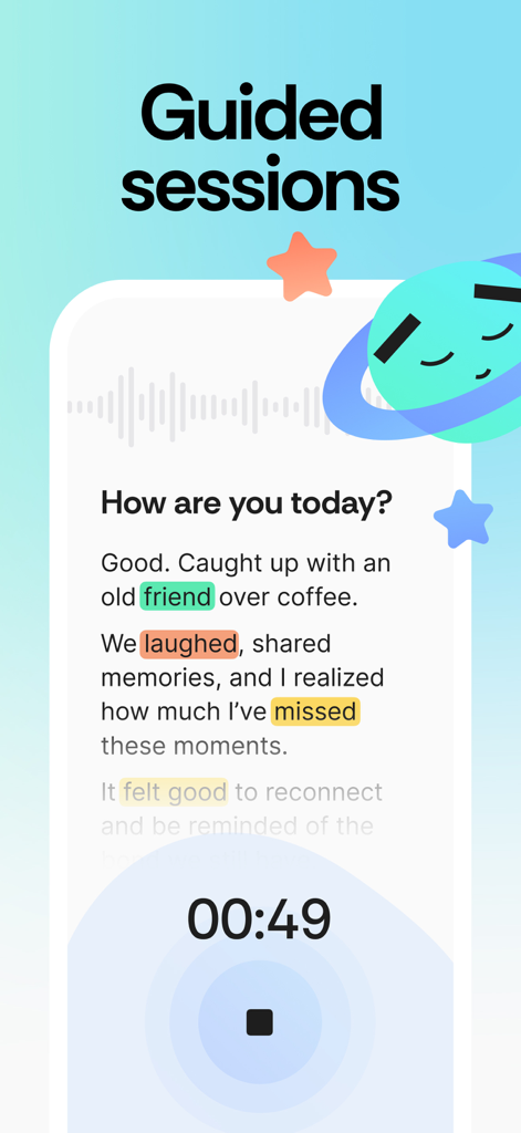 Interface do aplicativo Honestly mostrando uma sessão guiada de diário por voz com uma transcrição e um cronômetro de gravação de áudio