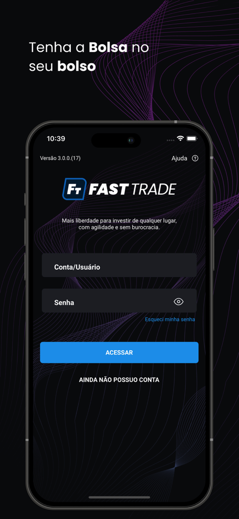 Fast Trade login screen on a smartphone with fields for account and password over a dark professional interface.