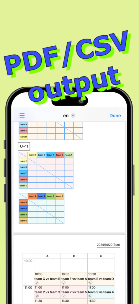 Tournament league table and time schedule export view on a smartphone