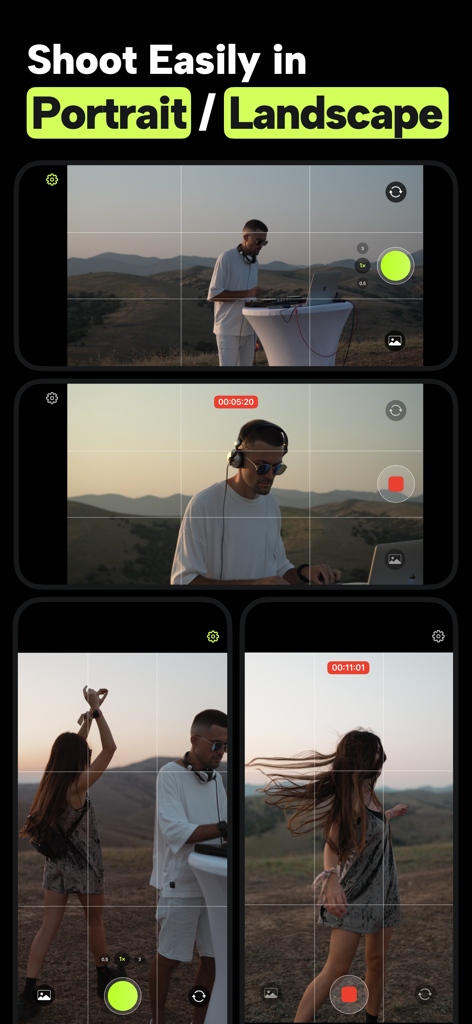 Hyperlapse Timelapse Video Cam - Interface d'application mobile démontrant l'enregistrement vidéo dans les deux orientations portrait et paysage avec des lignes de grille et des contrôles de synchronisation.